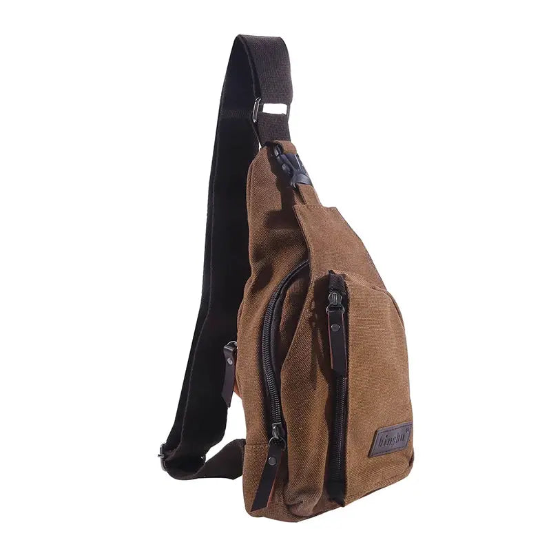 Mens vintage canvas sling bag by Simples Market, brown with black adjustable strap and multiple zip pockets