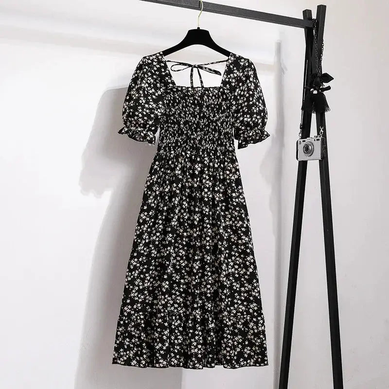 Chiffon Spring Summer A Line Dress For Women With Elastic Waist Pleated Short Sleeve Casual Flattering Fit