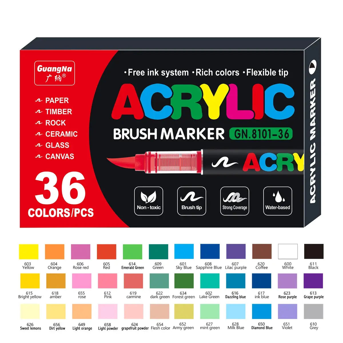 GuangNa 36-color acrylic brush marker set, water-based, for paper, glass, wood, metal, stone and canvas