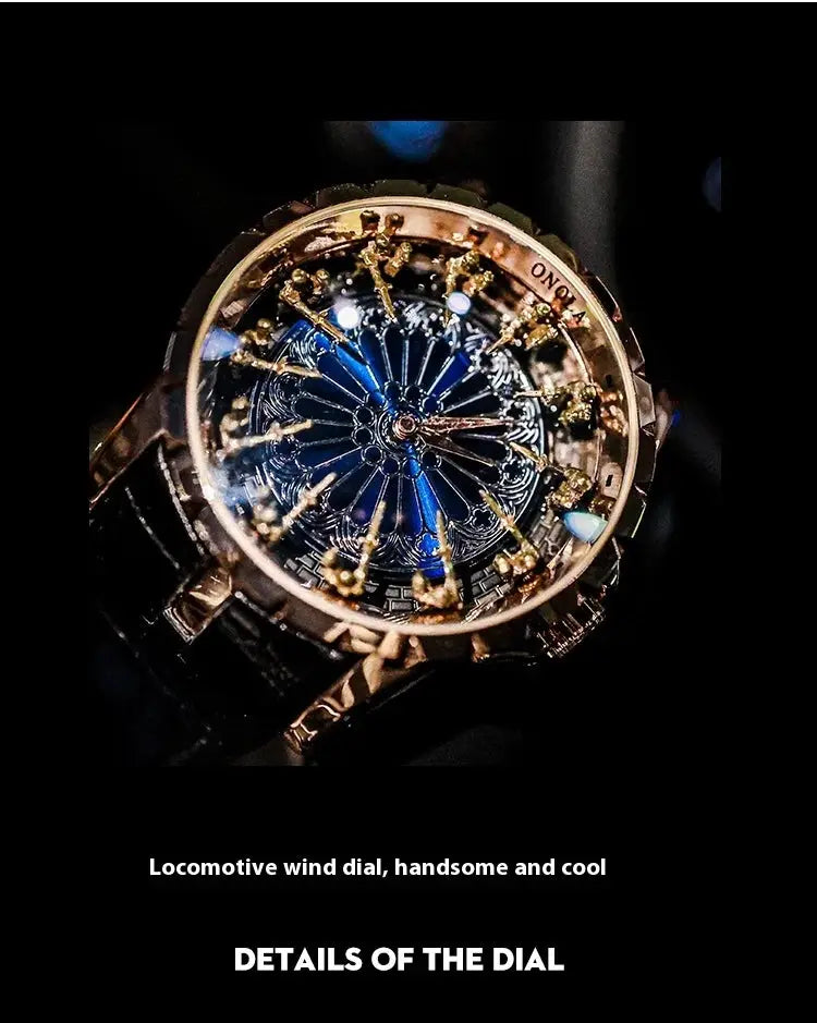 Men's quartz watch with rose-gold case and blue skeleton dial, black strap.