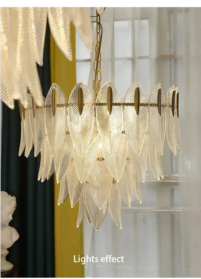 French Romantic glass chandelier pendant lamp by Simples Market, clear ribbed leaf-shaped glass with a gold chain
