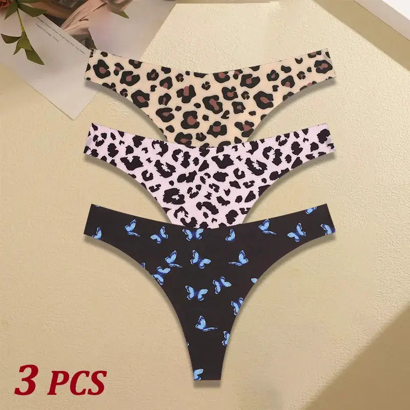 3-piece women's ultra-thin seamless thong set with leopard print (beige/pink) and blue butterfly print on black