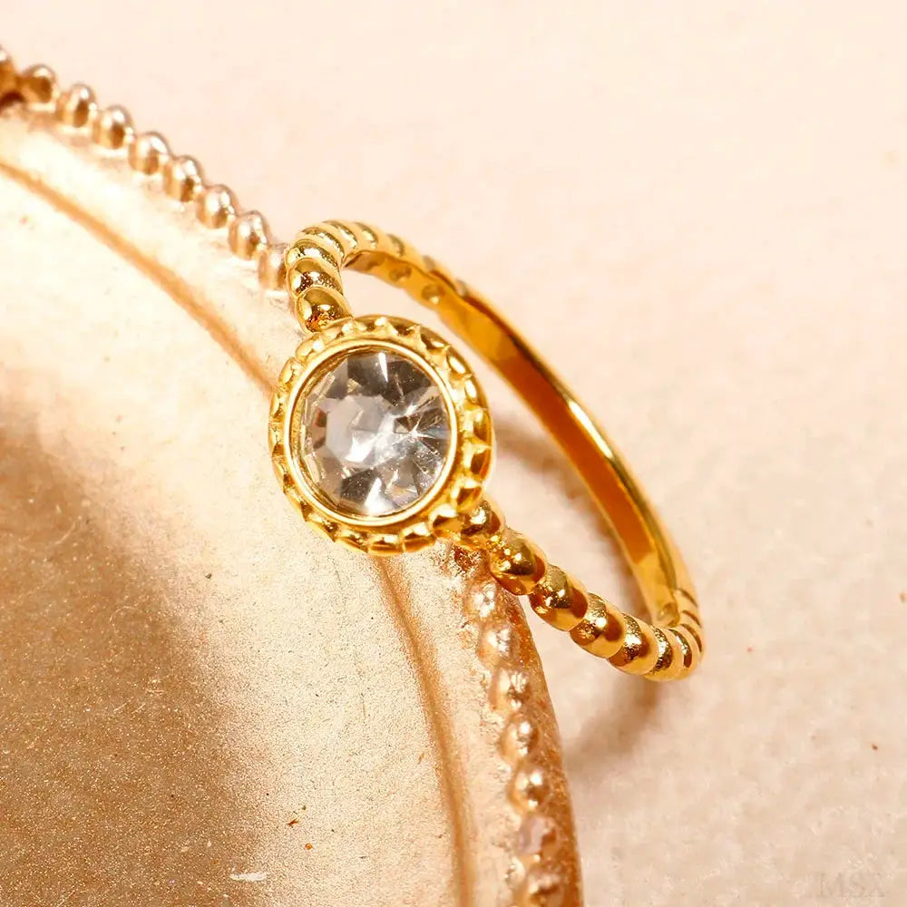 Gold Stainless Steel Ring With Round Bead And Clear Crystal Zircon Waterproof Everyday Fine Jewelry