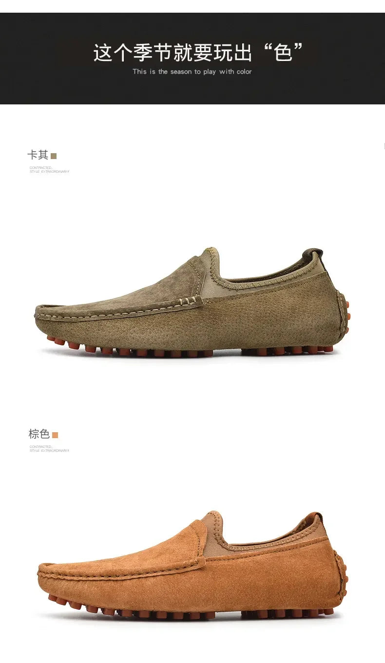 Men's driving shoes by Simples Market in taupe and tan suede, handmade loafers (2 color variants)