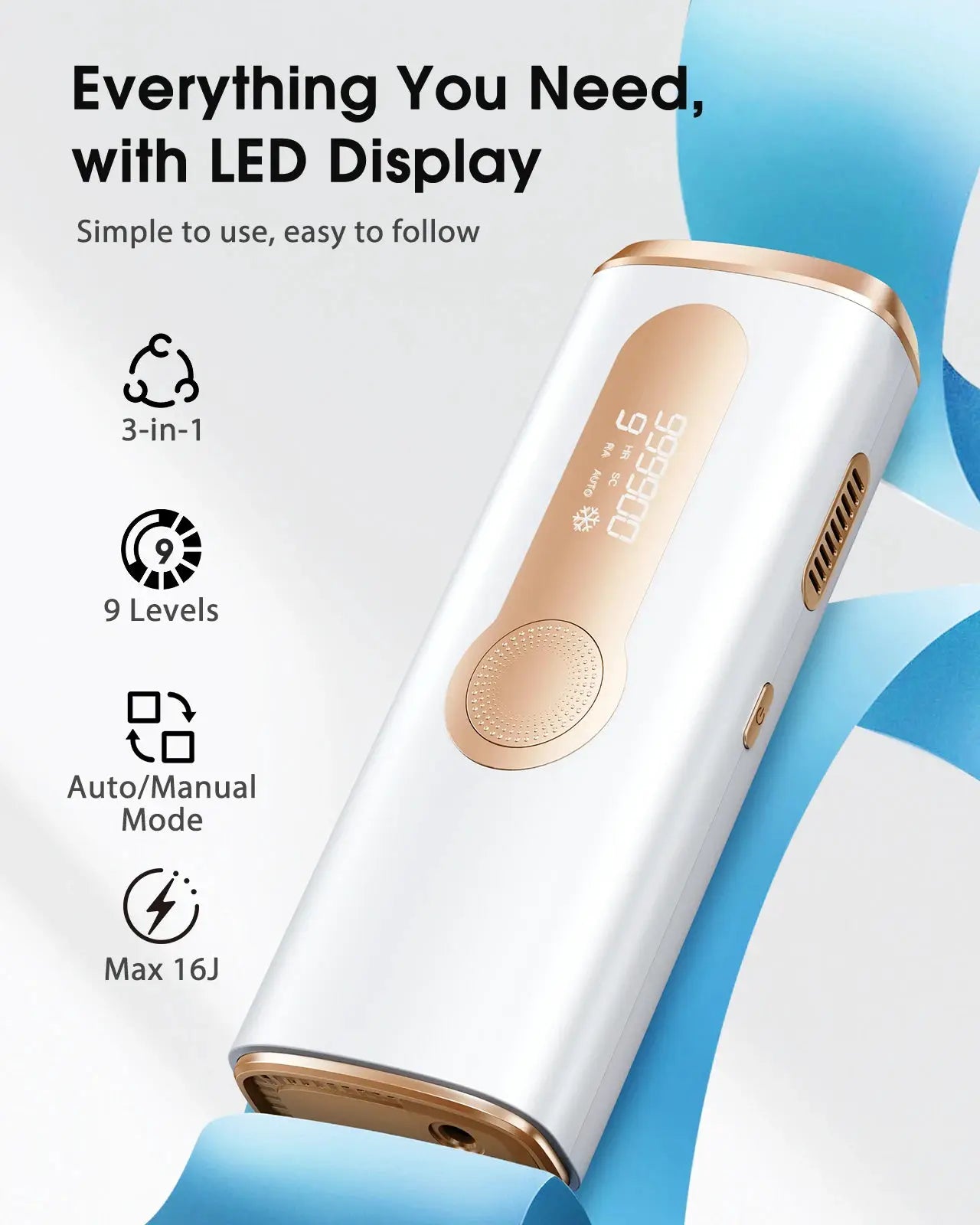 Simples Market IPL hair removal device, white with rose-gold trim, 999,900 flashes, 3-in-1 HR/SC/RA, 9 levels