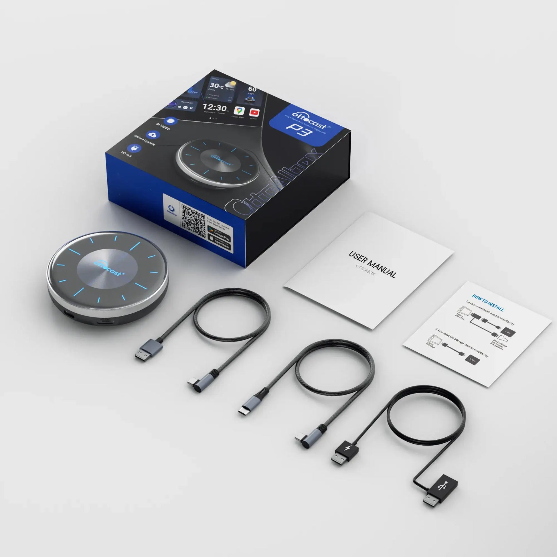 OTTOCAST P3 OttoAibox CarPlay AI box; round device with blue LED ring and braided USB cables.