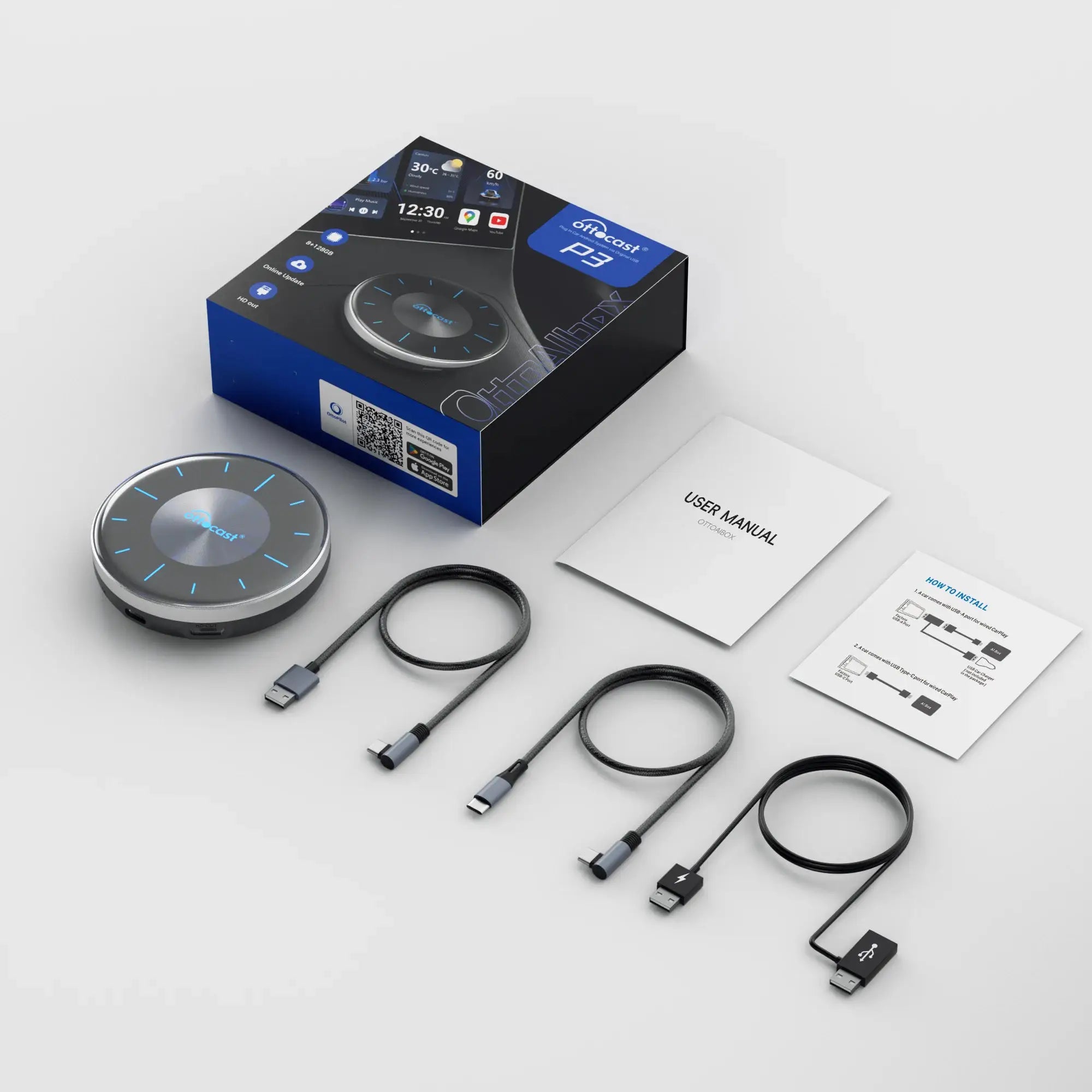 OTTOCAST P3 OttoAibox CarPlay AI box; round device with blue LED ring and braided USB cables.