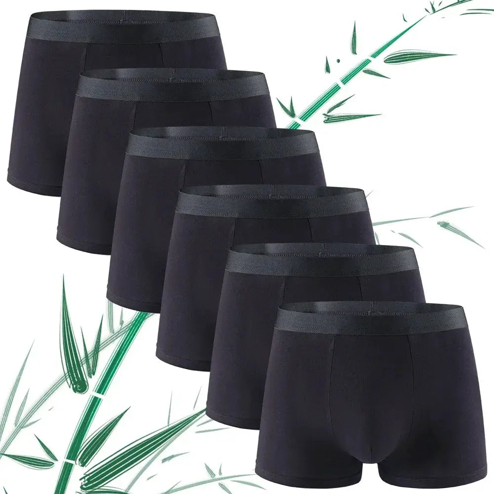 6-pack men's bamboo fiber boxer shorts in solid black, soft breathable fabric with stretch waistband