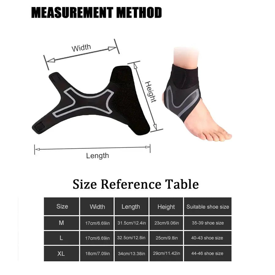 Simples Market ankle brace support compression sleeve, breathable black with size reference chart.