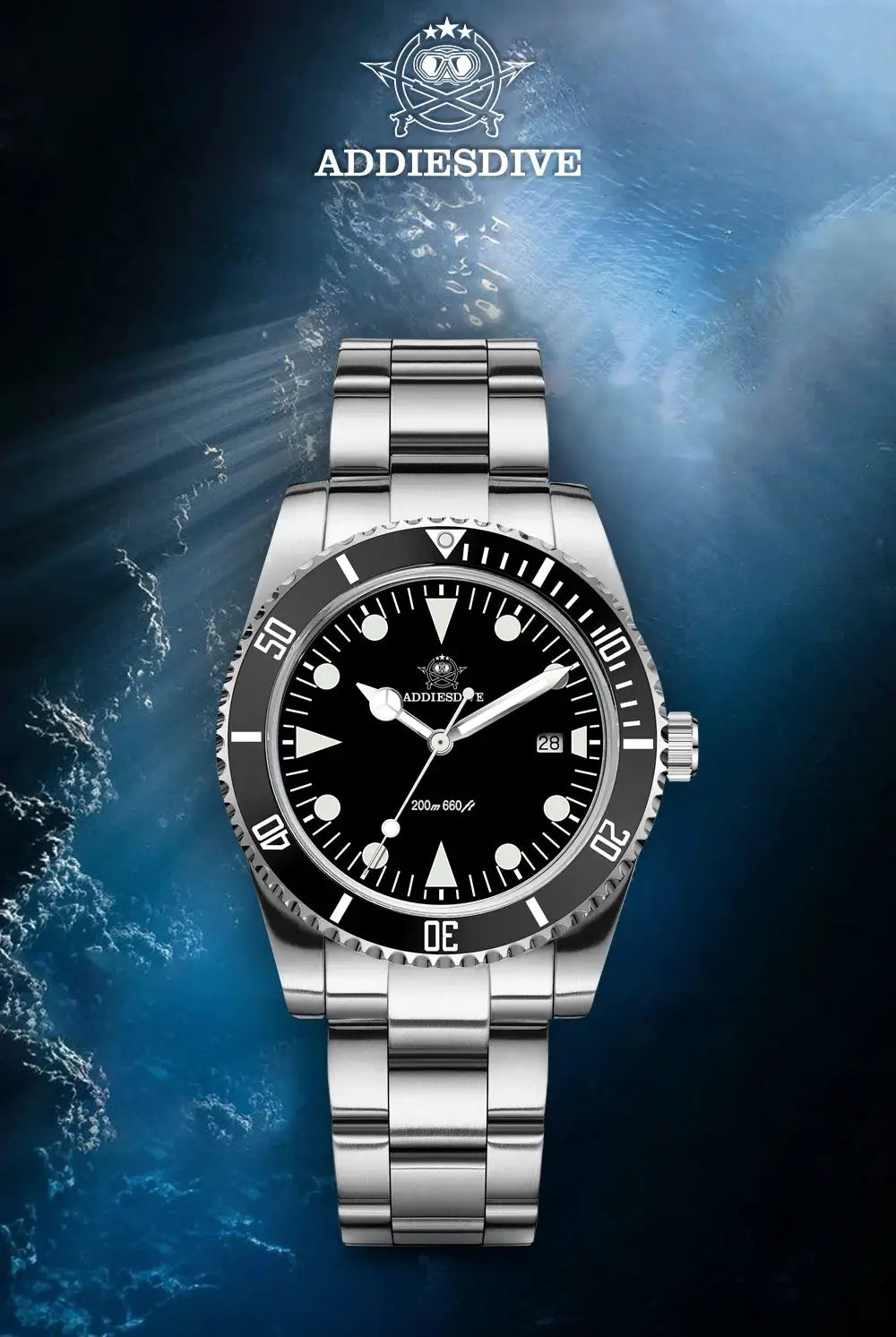 ADDIESDIVE stainless steel diver watch with black dial, ceramic bezel, 200m water resistance