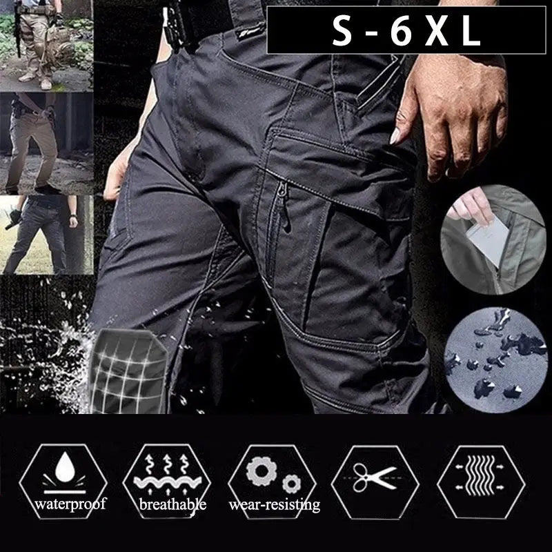 Simples Market men's tactical cargo pants, black with multiple pockets; waterproof, breathable, wear-resistant; sizes S-6XL