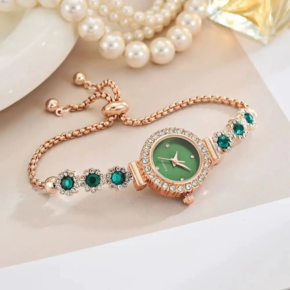 Rose-gold fashion rhinestone women's watch with green dial and crystal-embellished bracelet
