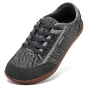 HOBIBEAR barefoot sneakers, grey patterned fabric with black laces, brown sole.