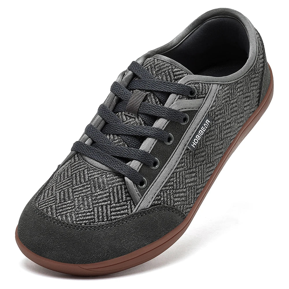 HOBIBEAR barefoot sneakers, grey patterned fabric with black laces, brown sole.