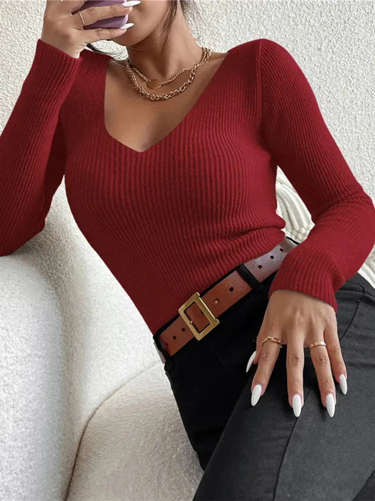 Autumn Winter 2026 Women Solid Rib Knit V Neck Stripe Pullover Sweater Y2K Long Sleeve Top
