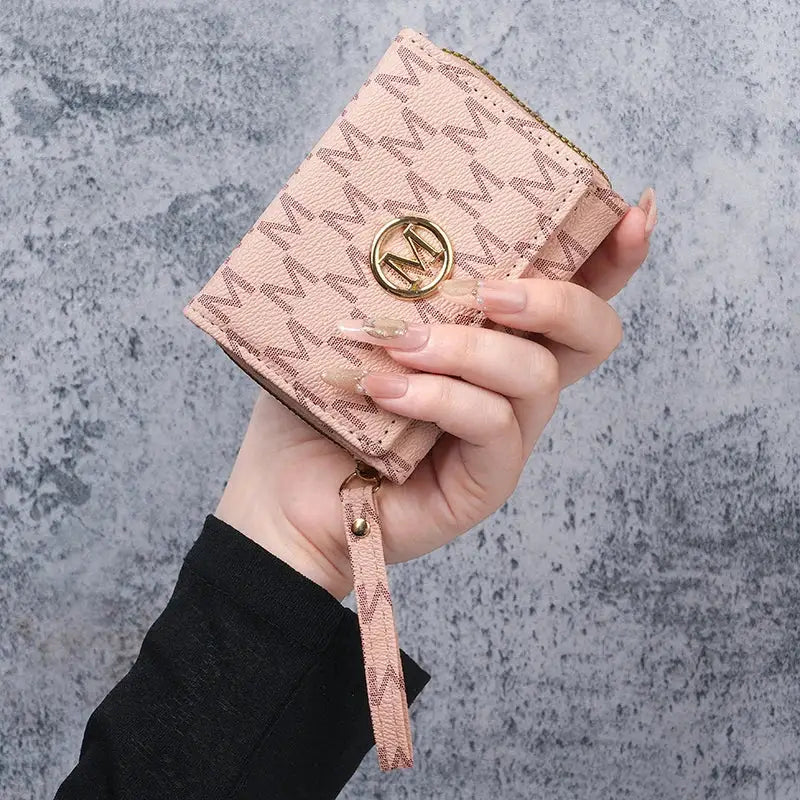 Simples Market pink PU wallet with printed pattern, gold logo, compact coin purse with wrist strap