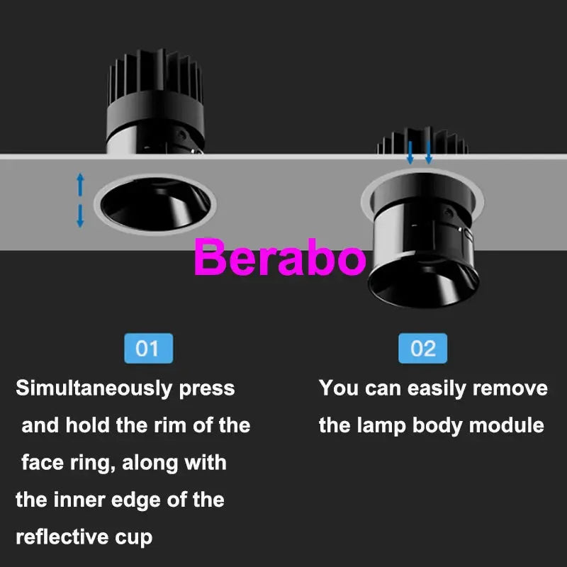 Berabo LED recessed downlight illustration with installation steps 01 and 02