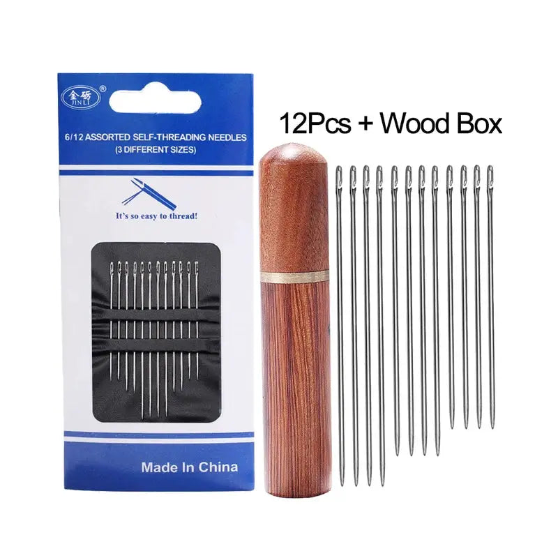12pc stainless steel self-threading needle set with wooden box