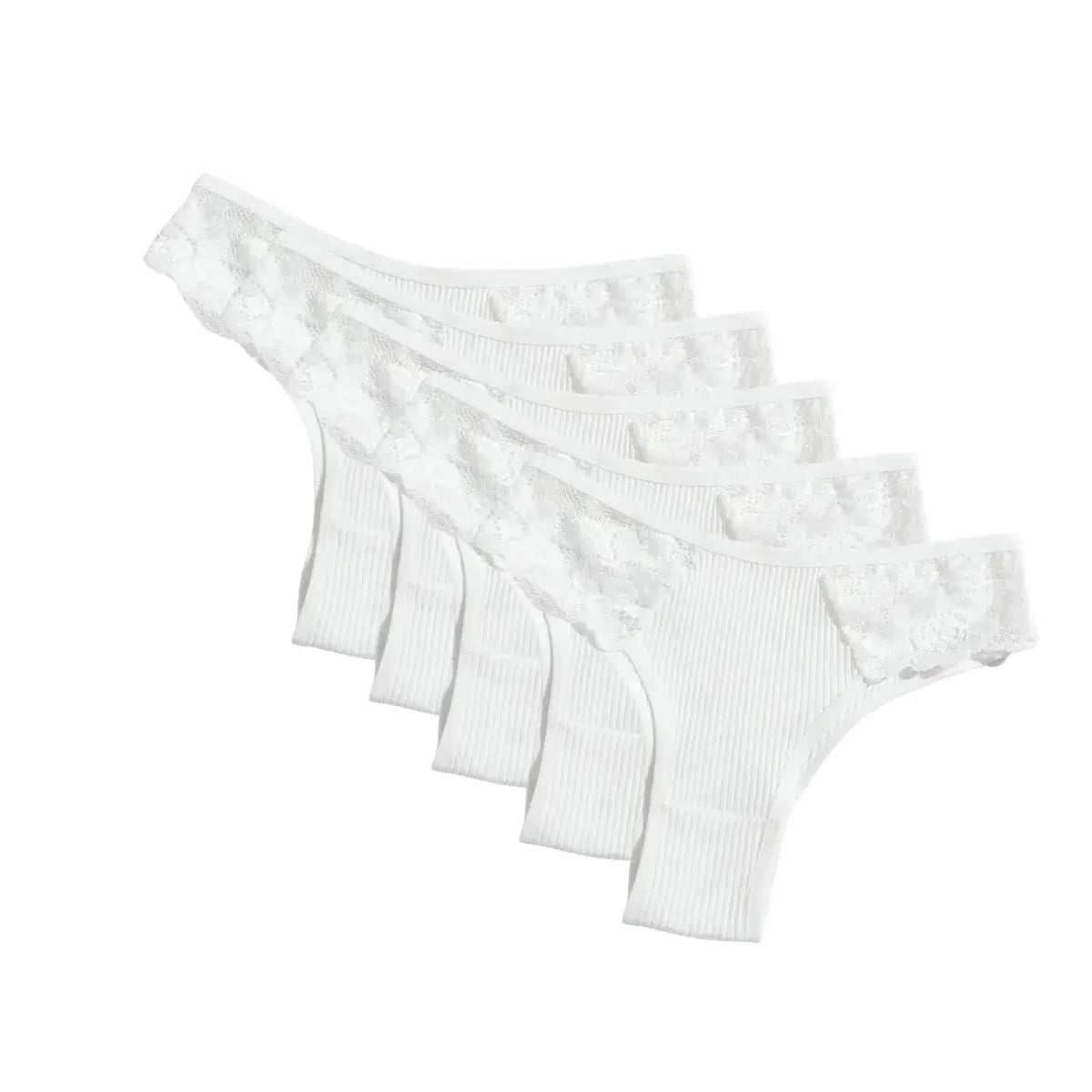Women's cotton panties set of 5 with floral lace side panels, white ribbed low-rise briefs