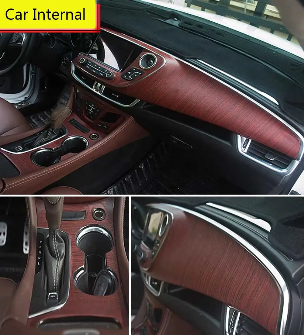 Car interior wood-grain vinyl wrap by Simples Market; brown wood-textured PVC self-adhesive film (30/10×100 cm)