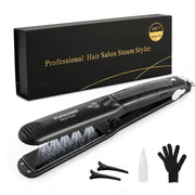 Professional steam hair straightener, black ceramic flat iron; 450°F Argan Oil badge; includes 2 clips, bottle, glove
