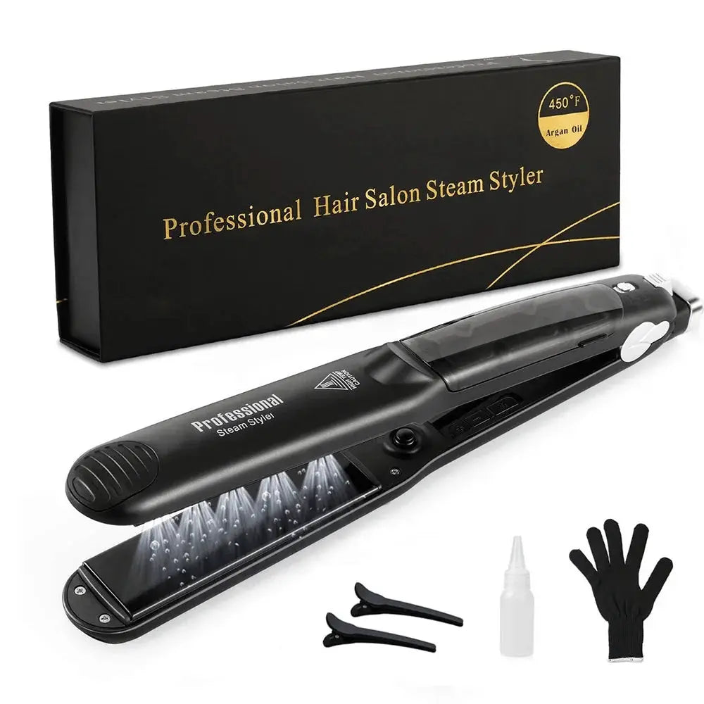 Simples Market professional black steam hair straightener with ceramic vapor, 450°F; includes oil bottle, 2 clips, glove