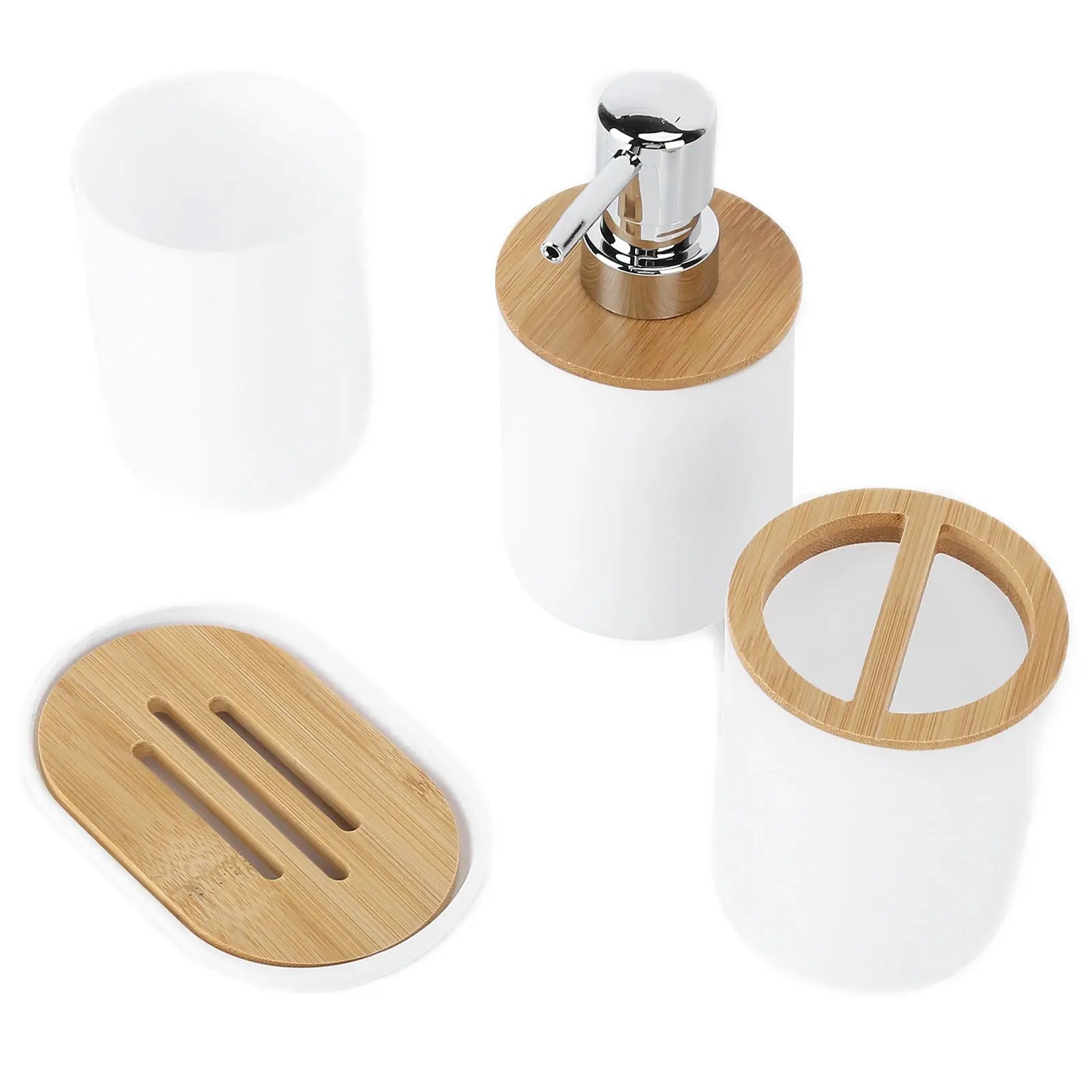 4-piece bamboo bathroom accessory set with white dispensers, bamboo lids and tray