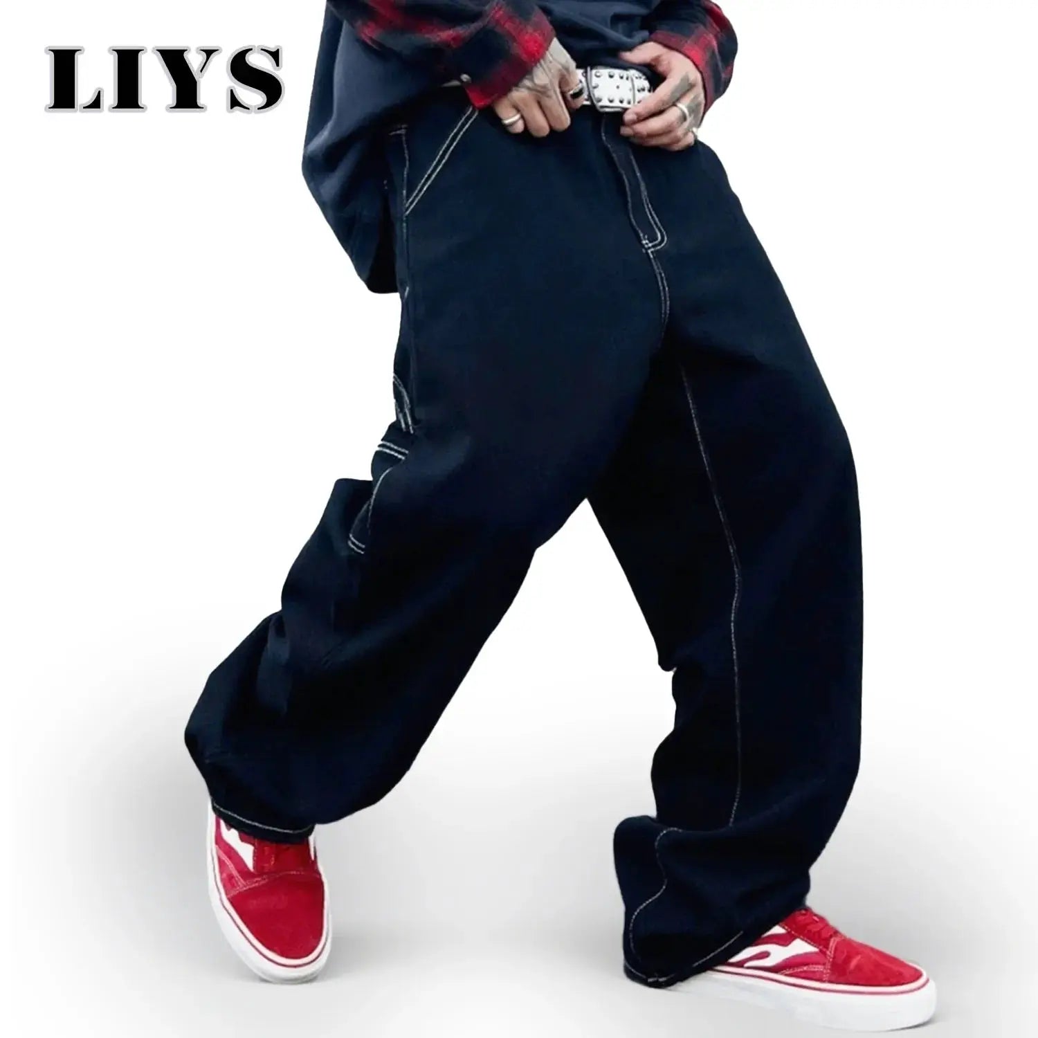 Liys men's dark blue denim work jeans with white contrast stitching, straight-leg fit