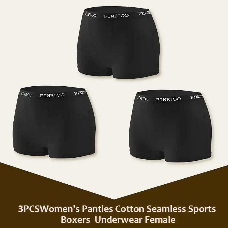 3-pack solid black cotton seamless women's boxer briefs with Finetoo waistband