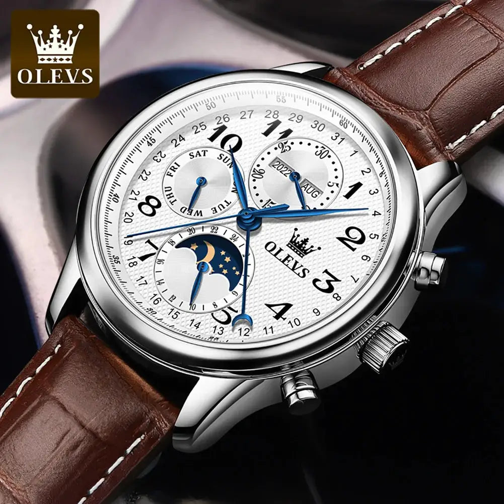 OLEVS men's automatic luxury watch with white analog dial, moonphase subdial, and brown leather strap