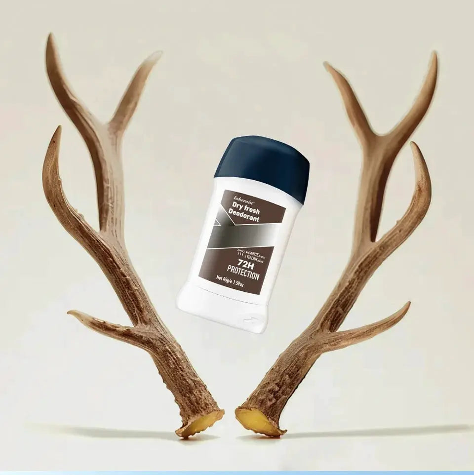 Deodorant stick by Simples Market for men, white bottle with dark blue cap, long-lasting aroma, 72H protection.