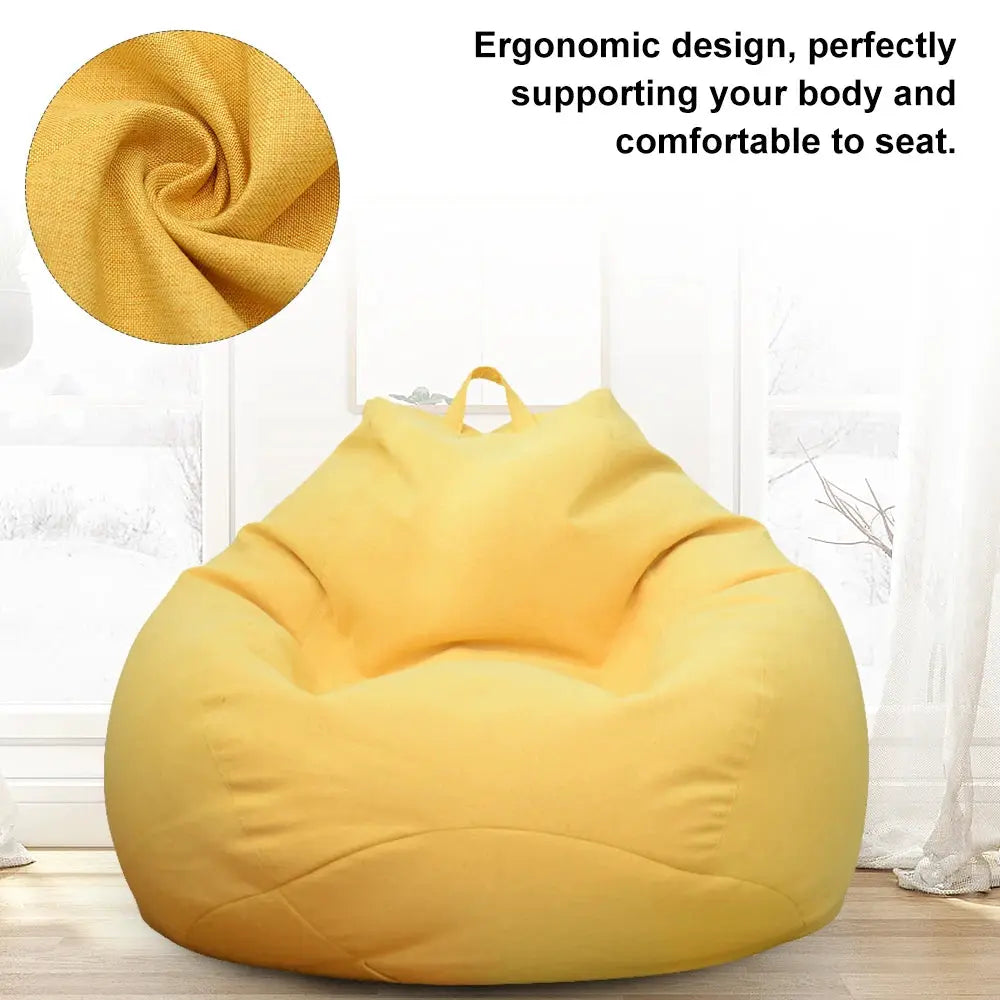 Bean bag chair in bright yellow fabric, ergonomic lounge lounger for living room or bedroom