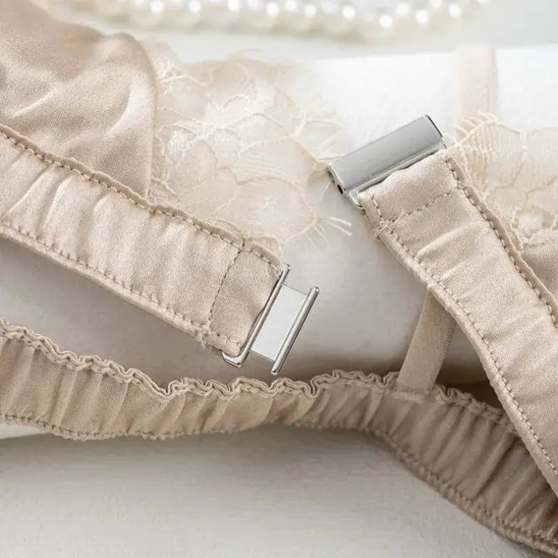 Birdtree lace bralette with front-closure, wireless triangle cups, nude silk-spandex blend