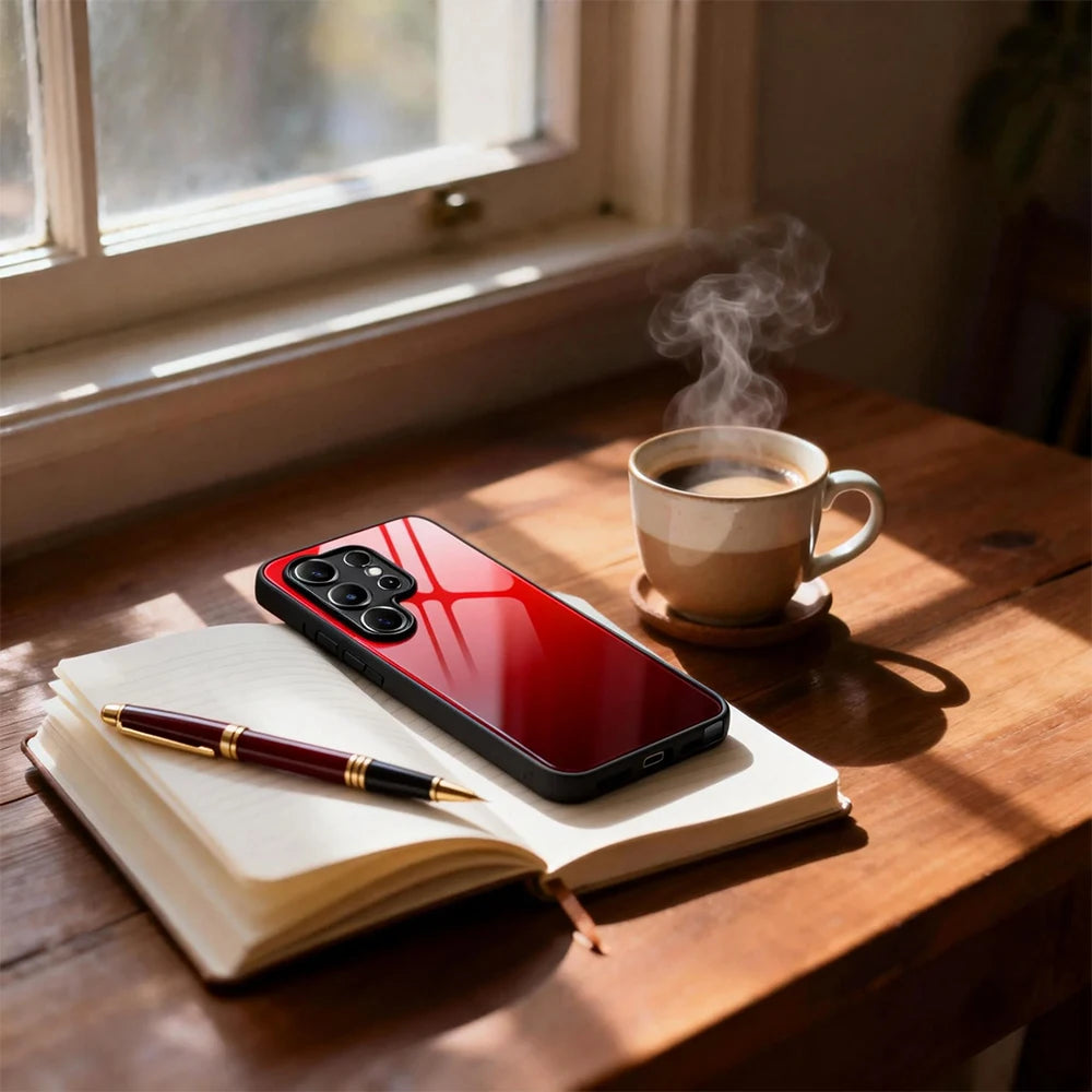 Gradient tempered-glass phone case for Samsung Galaxy S26 Ultra/S26 Plus Simples Market, red gradient, shockproof bumper