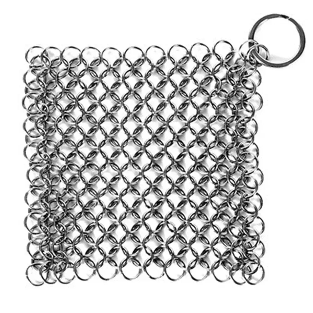 Simples Market stainless steel chain mail scrubber for cast iron pans; square mesh with hanging ring