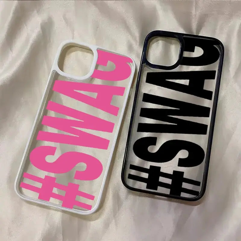 SWAG Bold Letter iPhone cases, 2-pack, clear backs; white frame with pink text and black frame with black text.