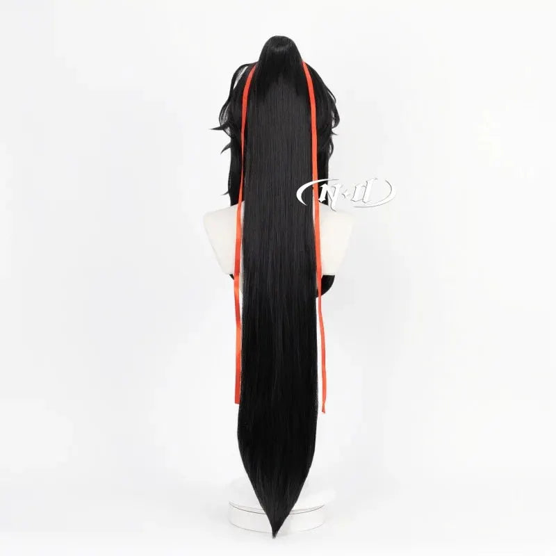 Wei Wuxian cosplay wig by Simples Market; long black hair with red ribbons
