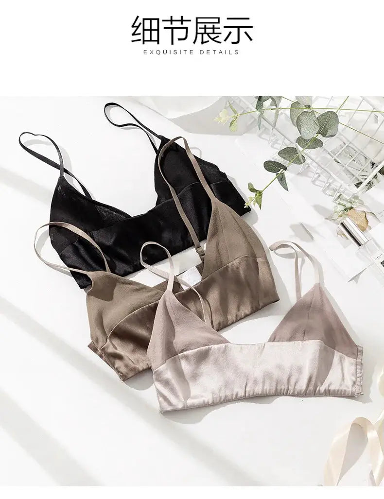 Birdtree 90% Silk 10% Spandax wireless bralette set, 4-pack in black, taupe, beige and pink