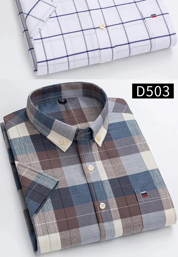 Two men's button-down shirts: white oxford grid shirt and multicolor plaid shirt, folded with collars and buttons