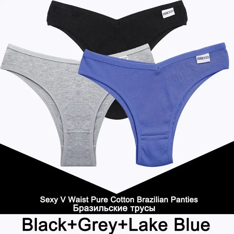 FINETOO three-piece cotton thong underwear set for women in black, grey, and lake blue; low-rise Brazilian briefs.