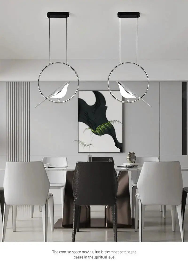 Rotatable magpie bird LED pendant light by Simples Market, double circular silver hanging chandeliers for dining room