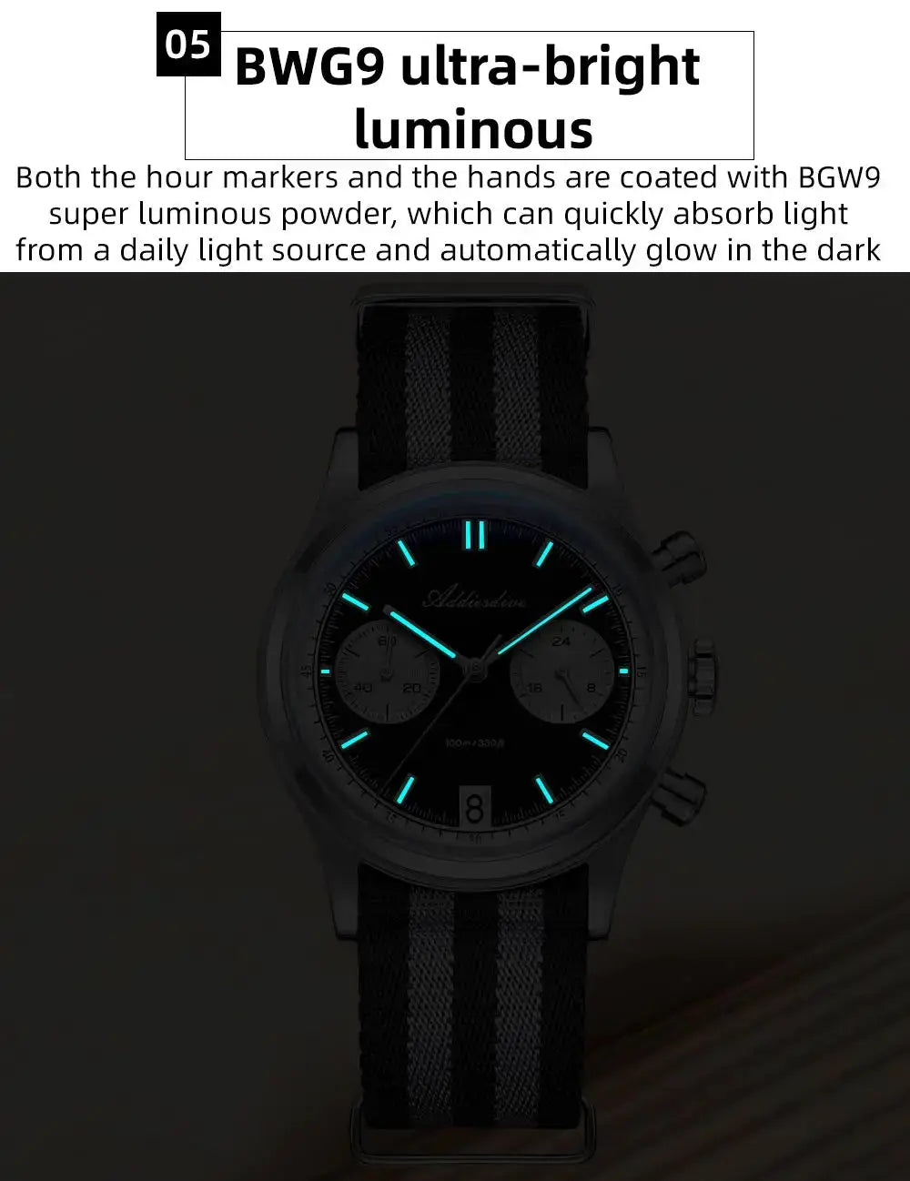 ADDIESDIVE VK64 chronograph watch, Simples Market, blue luminous hands, striped strap