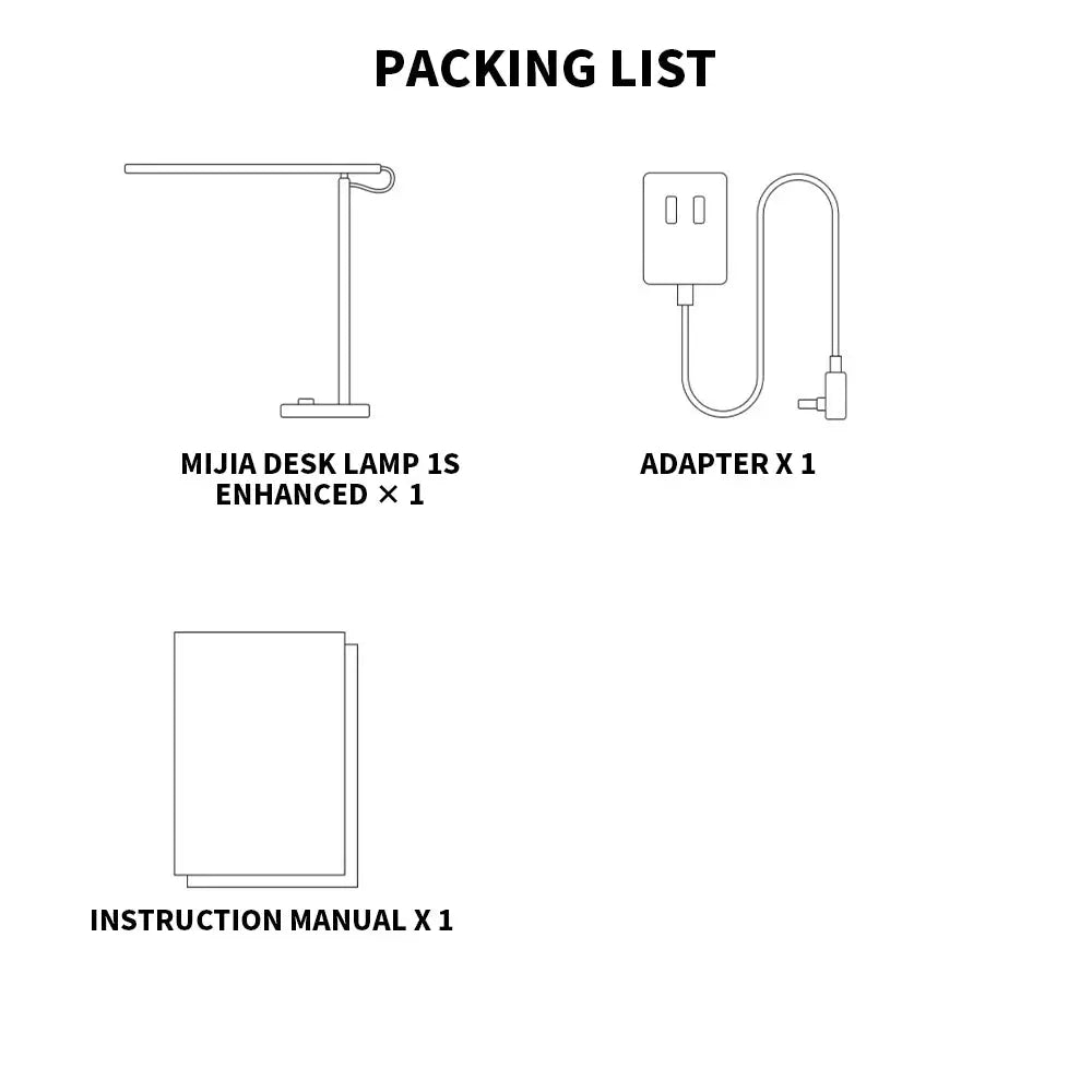 MIJIA Desk Lamp 1S Enhanced packing list: lamp ×1, adapter ×1, instruction manual ×1