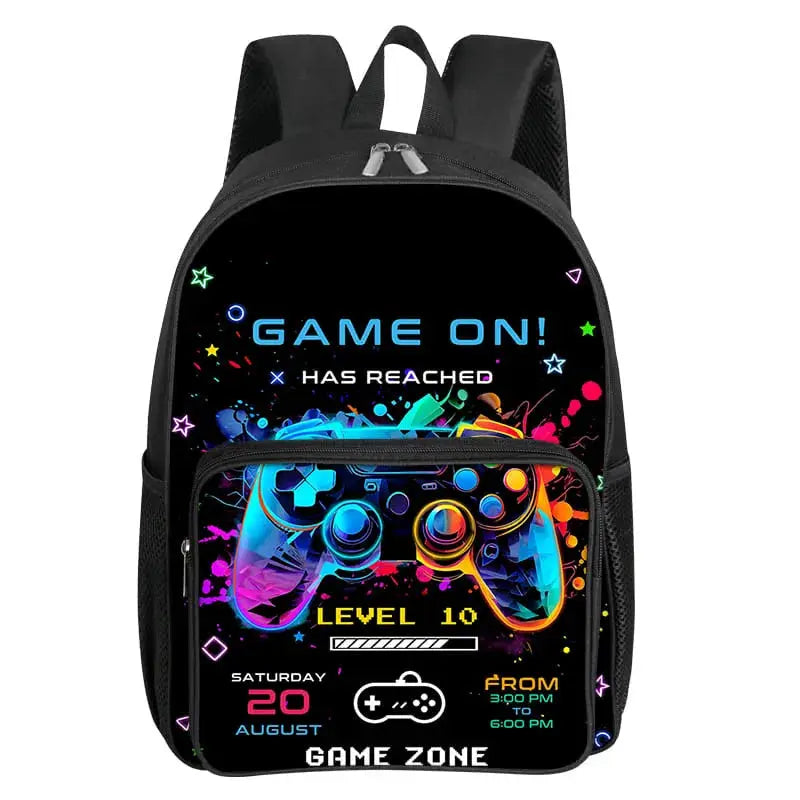 GamePad pattern square backpack with neon game controller graphic, black fabric and front pocket for kids.