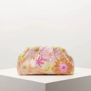 Clutch bag with floral embroidery and multicolor sequins on pastel pink base