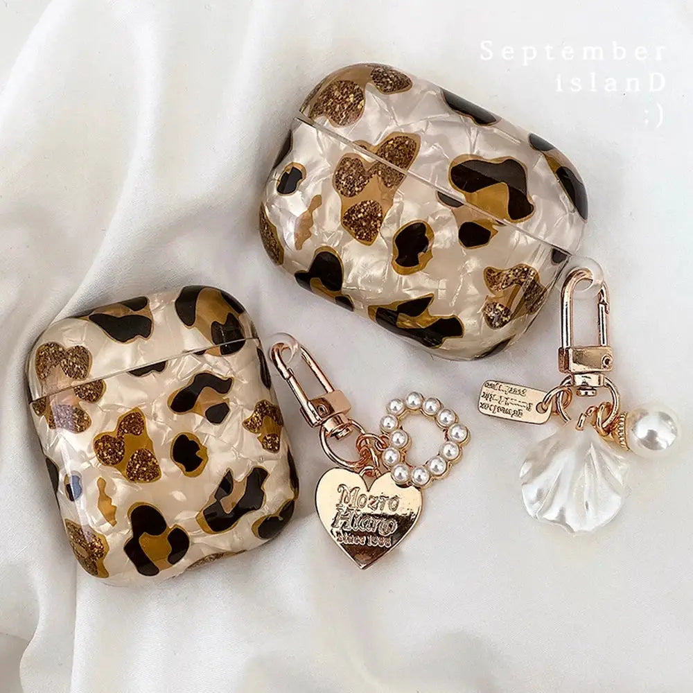 Leopard Girl AirPods Pro Case USB C 1 2 3 4 Soft Silicone Shockproof Cover With Pearl Shell Keychain