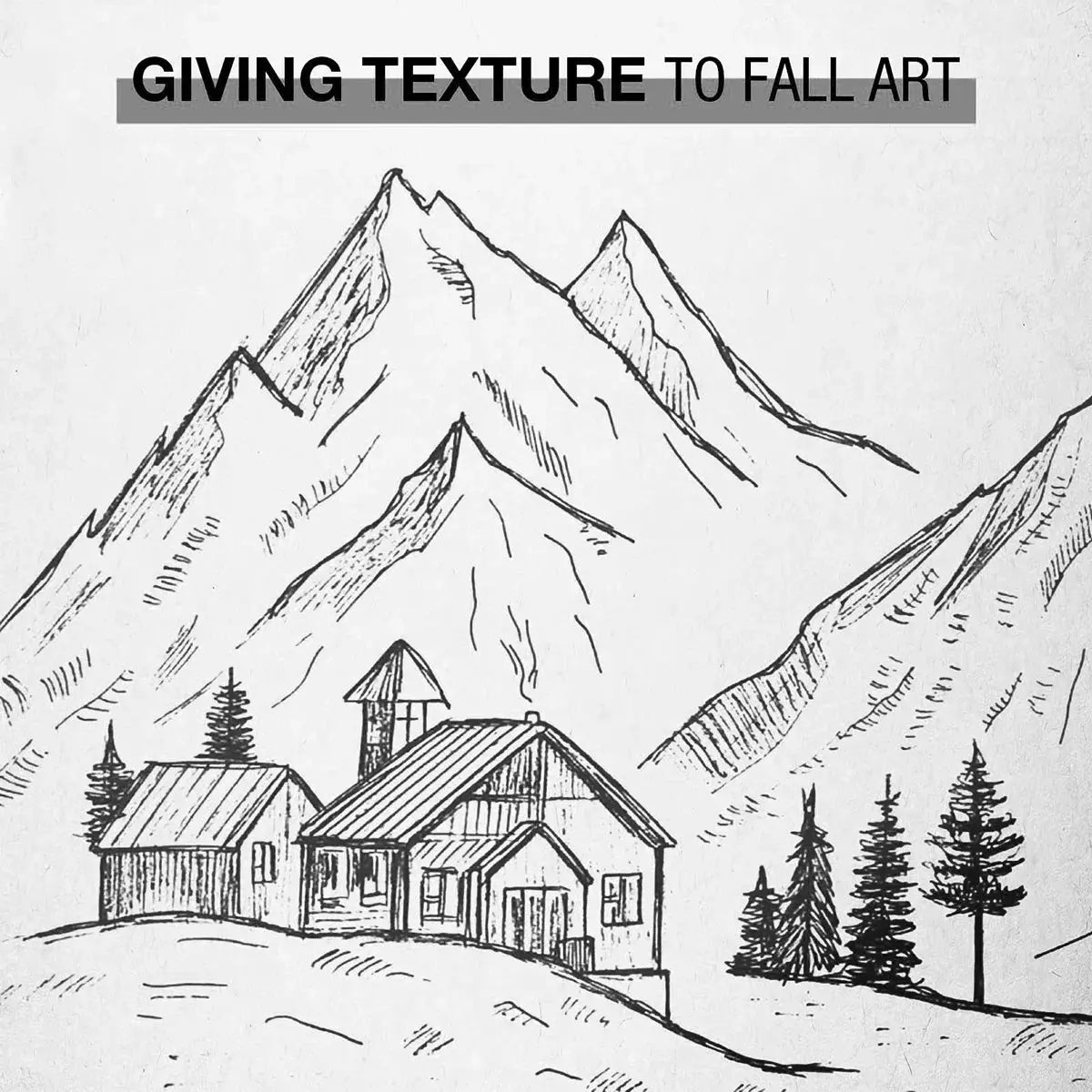 Fineliner sketch pen set artwork: black-and-white mountain landscape with a cabin and trees