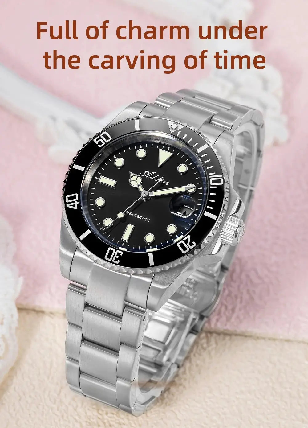 Addies women's luxury quartz watch; stainless steel bracelet, black ceramic bezel, 50m water resistant — Simples Market