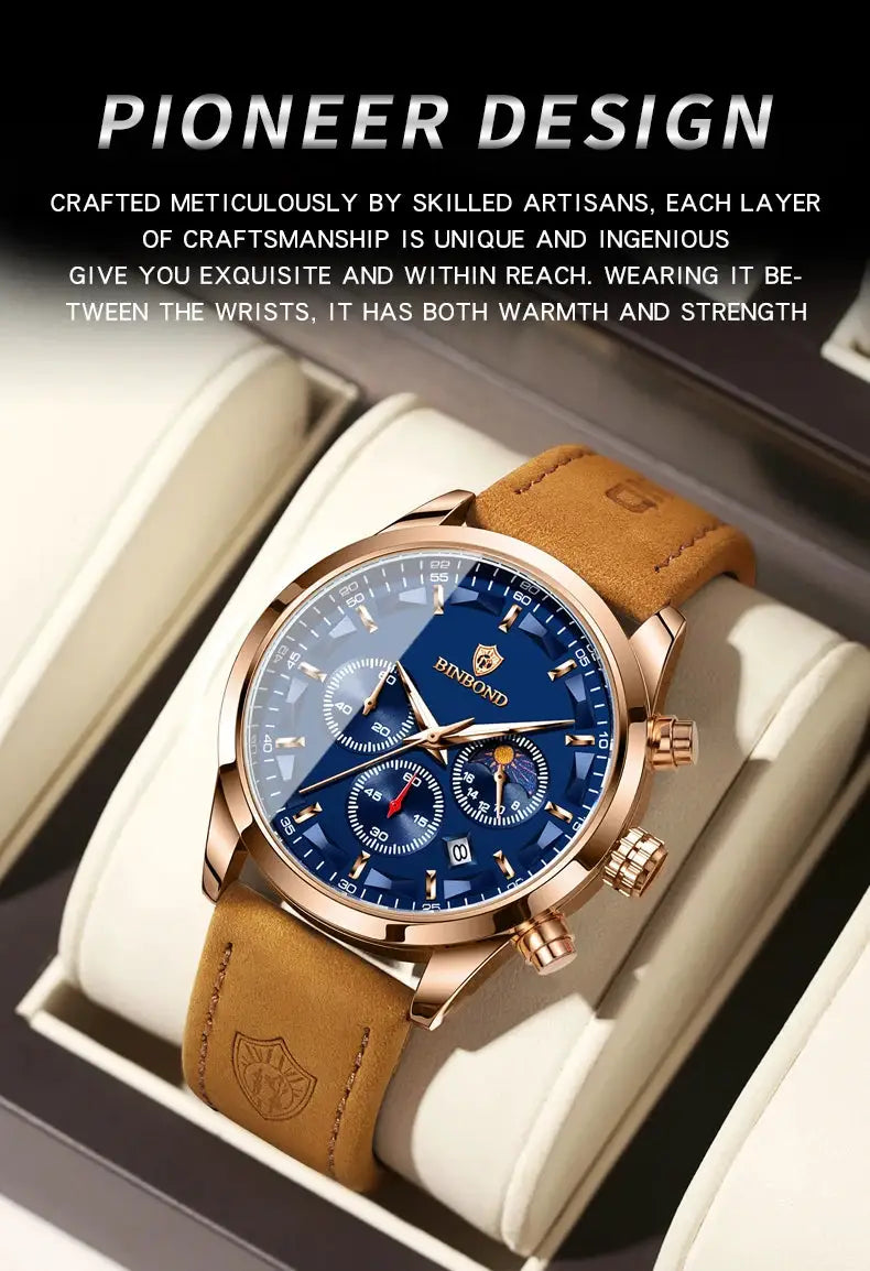 BINBOND men's luxury quartz chronograph wristwatch with rose-gold case, blue dial and tan leather strap