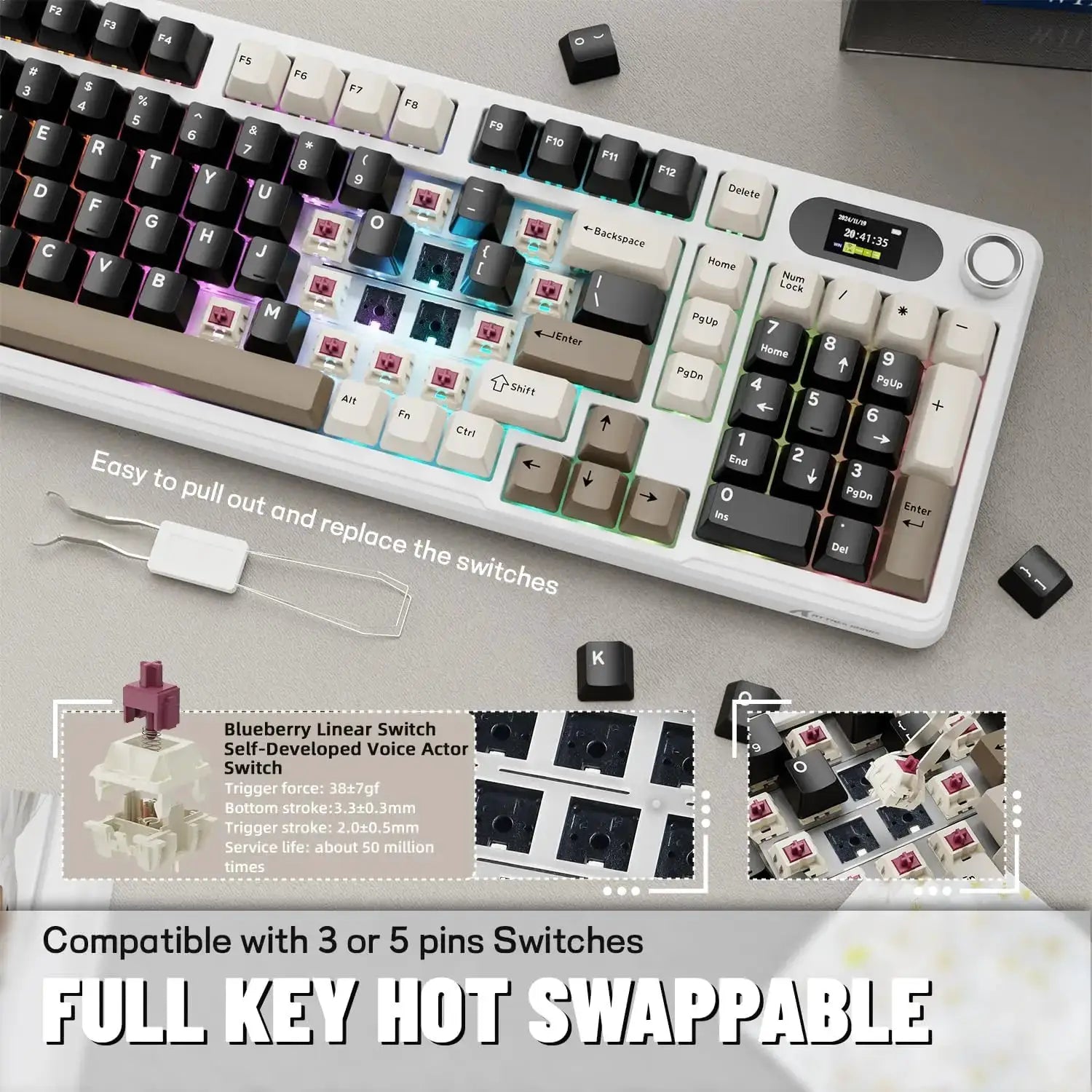 Attack Shark X98Pro wireless mechanical keyboard by Simples Market with white case, screen and knob, RGB backlit